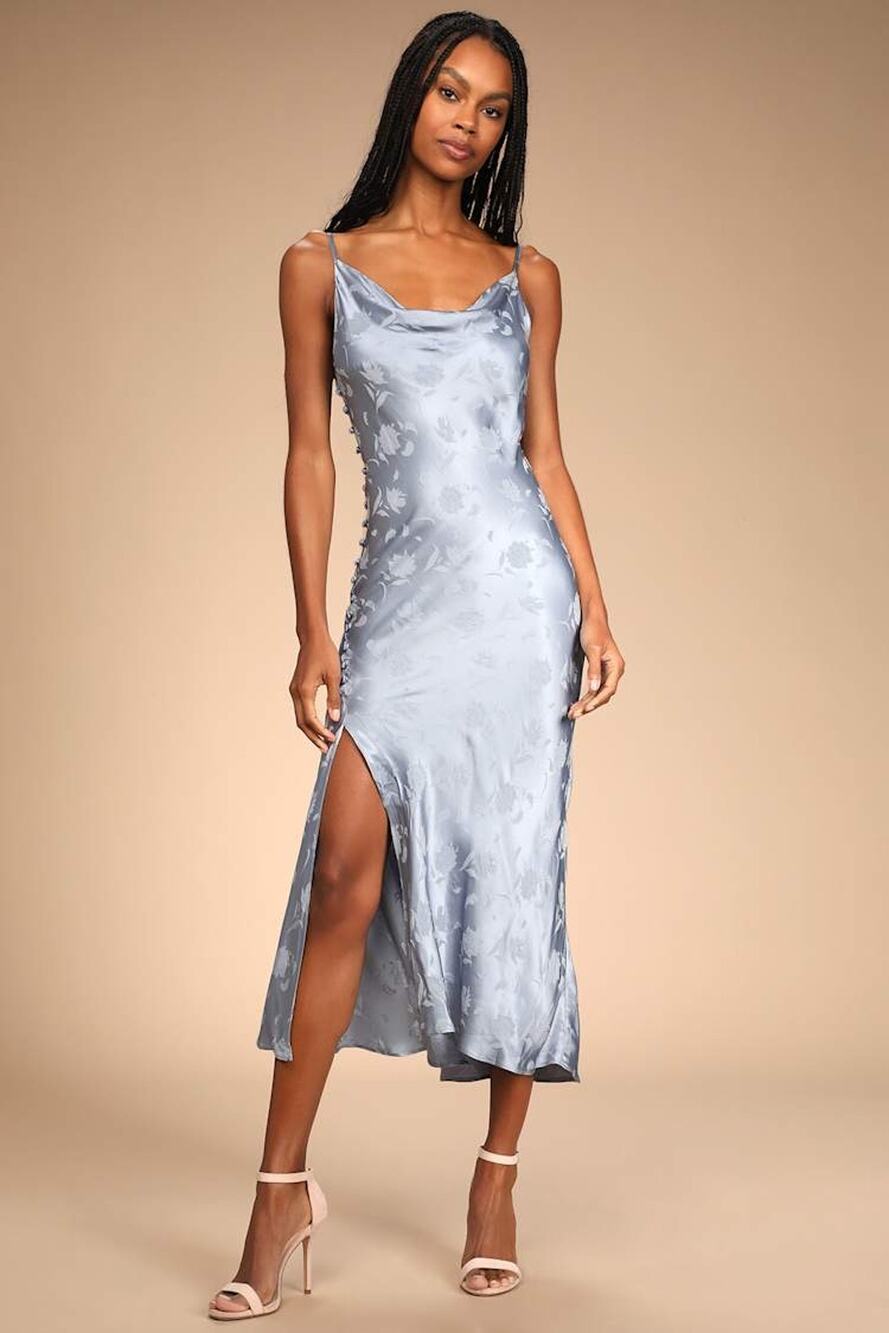 NWT Lulus All About You Slate Blue Floral Jacquard Satin Midi Dress Banquet XL